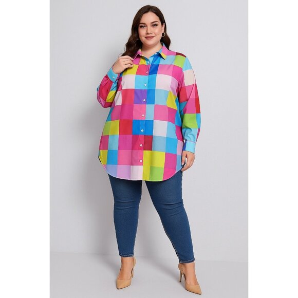 SHEIN Color Block Button Down Shirt Multicolor Size XXL - Picture 1 of 5